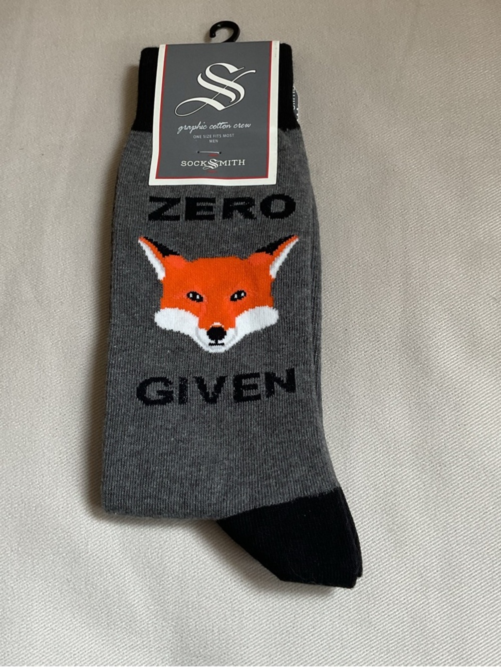 SockSmith Zero 🦊 Given Gray Heather Graphic Cotton Crew Men’s Sock Size 10-13